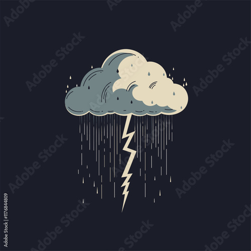 Gray cloud with raindrops and lightning bolt on dark background.