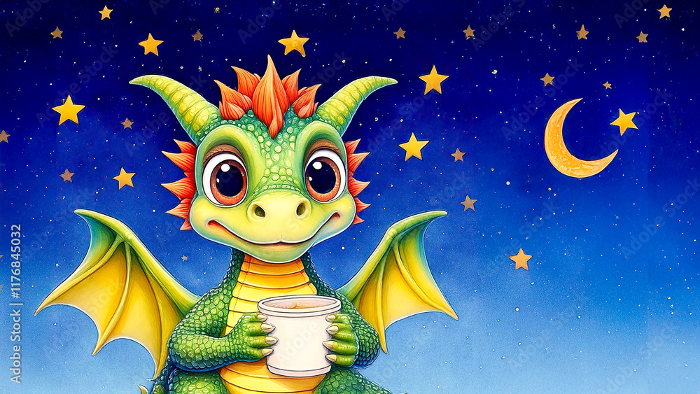 Fototapeta premium A cute cartoon of baby dragon drink milk, legend of tale for kid.