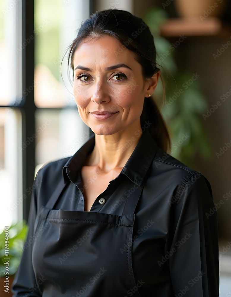 Confident woman in black shirt and apron, standing near a window. Professional, friendly expression. Confident woman in black shirt and apron, standing near a window. Professional, friendly expression.