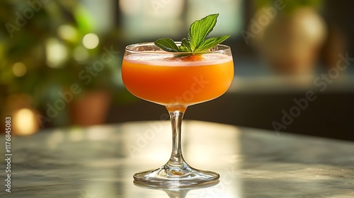 A bold and rich juice of orangeberry and purple carrot in a rounded glass bowl photo