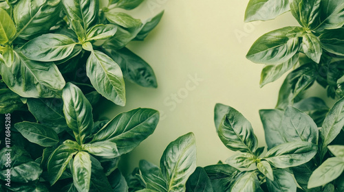 Fresh basil leaves arranged on a light background for culinary use and decoration photo