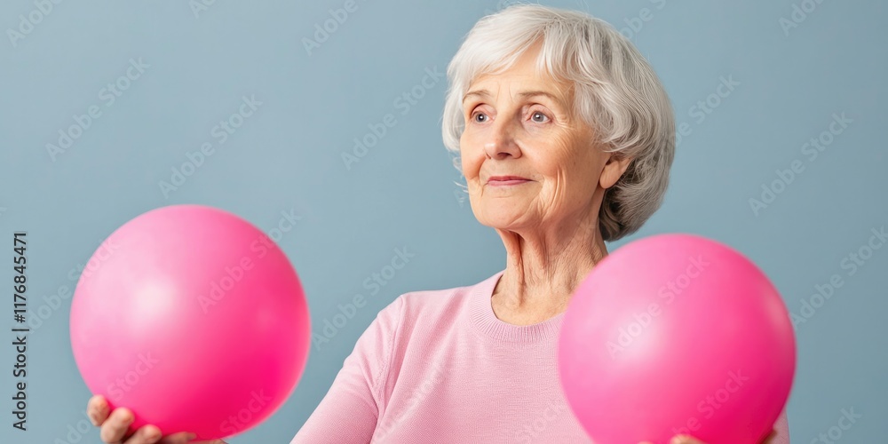 Long-Term Care concept. An elderly woman exercises with pink balls against a blue background, showcasing strength and wellness. Long-Term Care concept. An elderly woman exercises with pink balls against a blue background, showcasing strength and wellness.