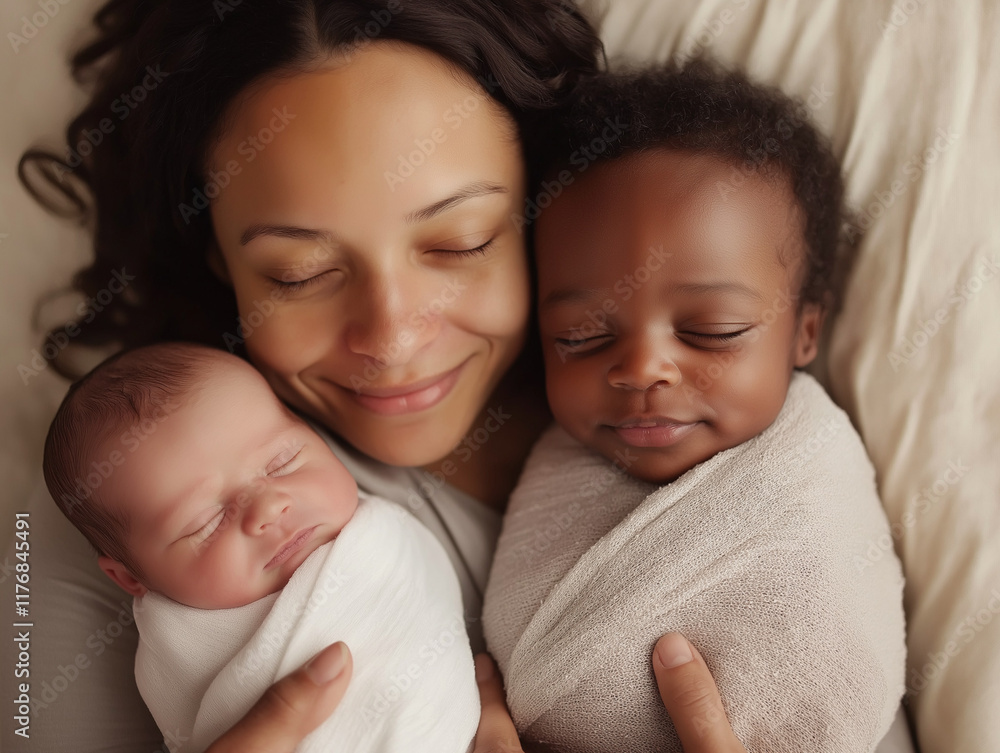 Young mother holding twins of different ethnicities in cozy nursery Young mother holding twins of different ethnicities in cozy nursery