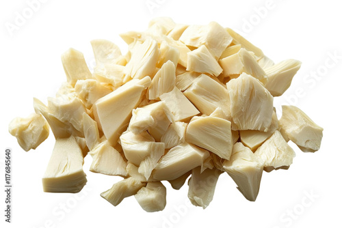 Chopped pieces of plant-based cheese alternative ready for cooking or snacking in a clean kitchen setting photo