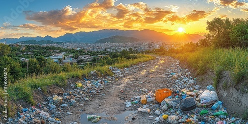 Pollution and environmental damage A stunning sunset over a city contrasts sharply with a polluted landscape, revealing the consequences of human actions and the urgent need for environmental responsi photo