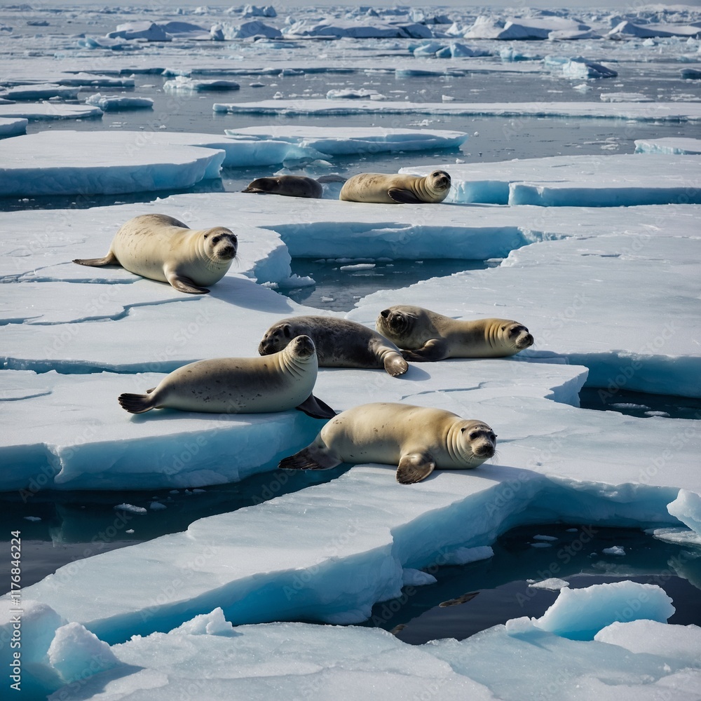 Fototapeta premium Seals lounging on drifting ice floes.