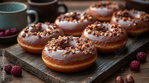 Wallpaper Mural Delicious chocolate glazed donuts with nuts and berries on rustic wooden board Torontodigital.ca