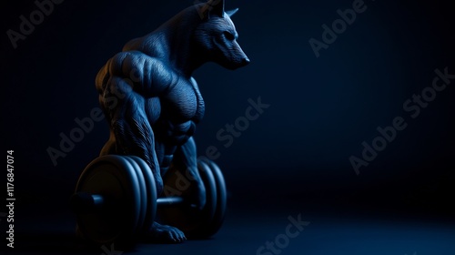 Muscular Canine Weightlifter: A Dark Blue Artistic Rendering