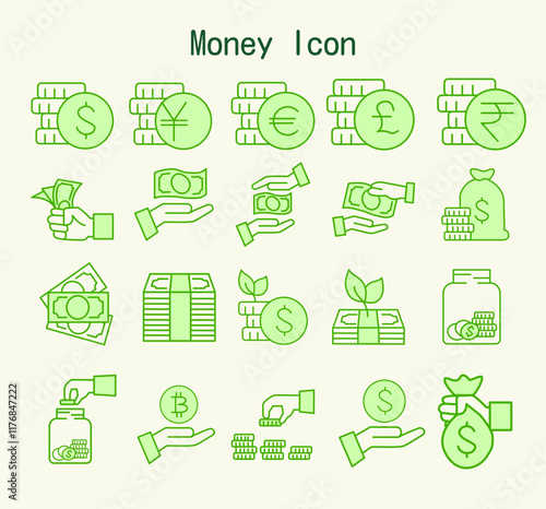 Green Money Icon Set: A set of 24 vector icons representing various aspects of money, including currencies, savings, investment, and giving. These icons are perfect for financial websites, and apps.