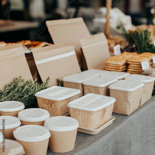 Plastic free campaign. Eco-friendly packaging displayed at a market stall.