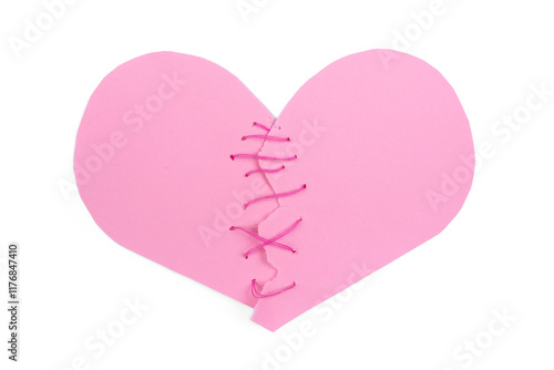Bilde på lerret Torn in half paper heart sewn with pink threads isolated on transparnt backgroun