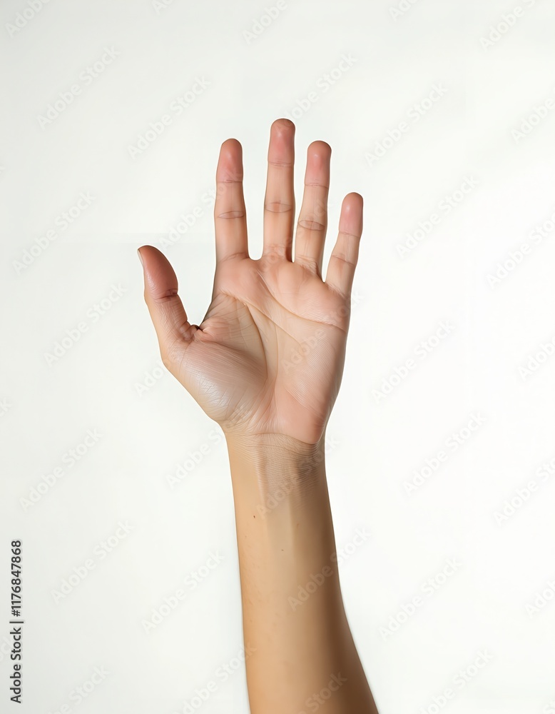 Open hand gesture against a white background. The hand is raised, fingers spread wide, suggesting openness, invitation, or a request for attention. Open hand gesture against a white background. The hand is raised, fingers spread wide, suggesting openness, invitation, or a request for attention.