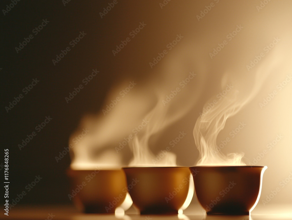 Steaming cups of tea in golden bowls create warm, inviting atmosphere Steaming cups of tea in golden bowls create warm, inviting atmosphere