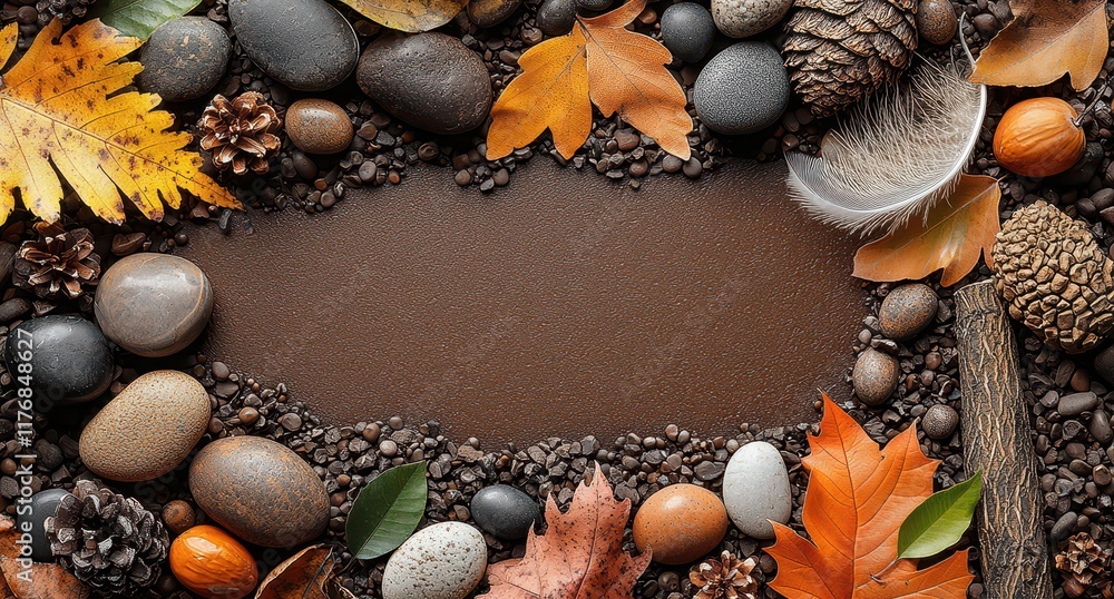 Obraz premium Autumn composition with leaves, stones, and feathers on brown background