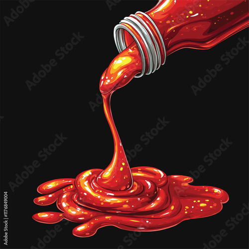 Detailed illustration of ketchup bottle with red sauce stream.