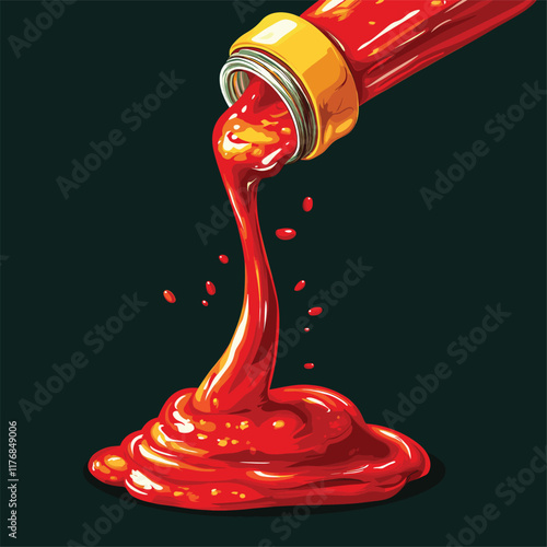 Detailed illustration of ketchup bottle with red sauce stream.