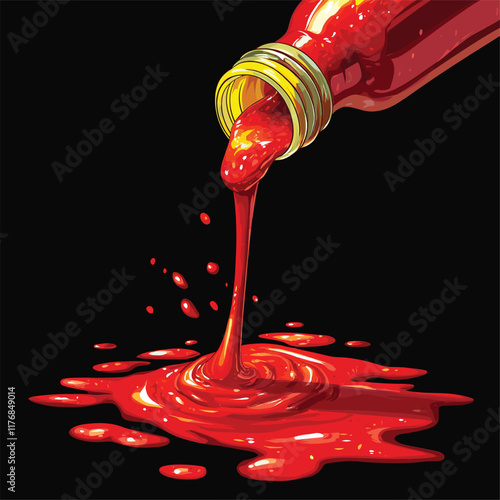Detailed illustration of ketchup bottle with red sauce stream.