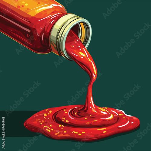 Detailed illustration of ketchup bottle with red sauce stream.