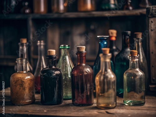 Wallpaper Mural The vintage bottles on wood table, antique collector concept. Torontodigital.ca