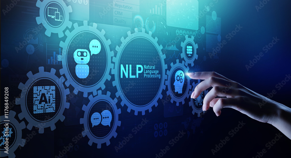 NLP natural language processing cognitive computing technology concept on virtual screen. NLP natural language processing cognitive computing technology concept on virtual screen.