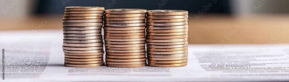 Economic policy reform concept. Stacks of coins on documents, representing finance and investment. Economic policy reform concept. Stacks of coins on documents, representing finance and investment.