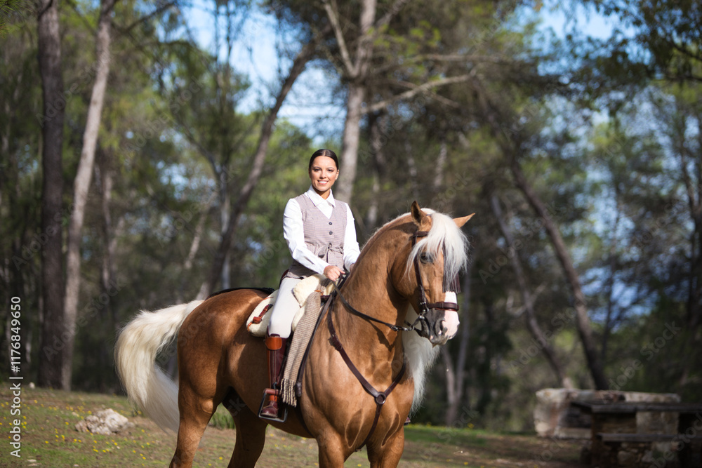 Obraz premium portrait of equestrian woman, young and beautiful, riding and holding the reins of her purebred brown horse with blond mane and tail. The woman is happy. Concept of love for the horse.