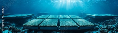 Ocean preservation action concept. Underwater coral reef restoration project with vibrant marine life. photo