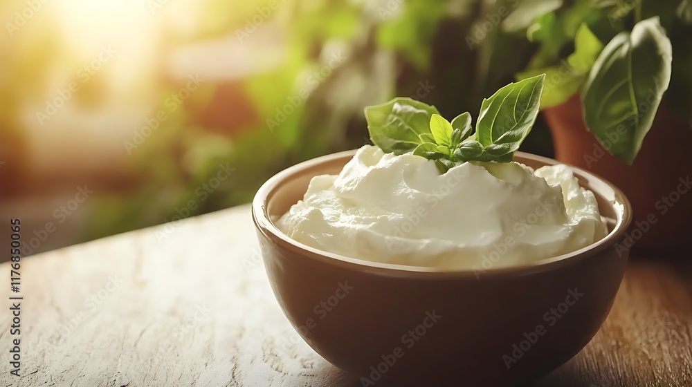 A bowl of fresh whipped ricotta placed on a polished wooden surface under soft sunlight A bowl of fresh whipped ricotta placed on a polished wooden surface under soft sunlight