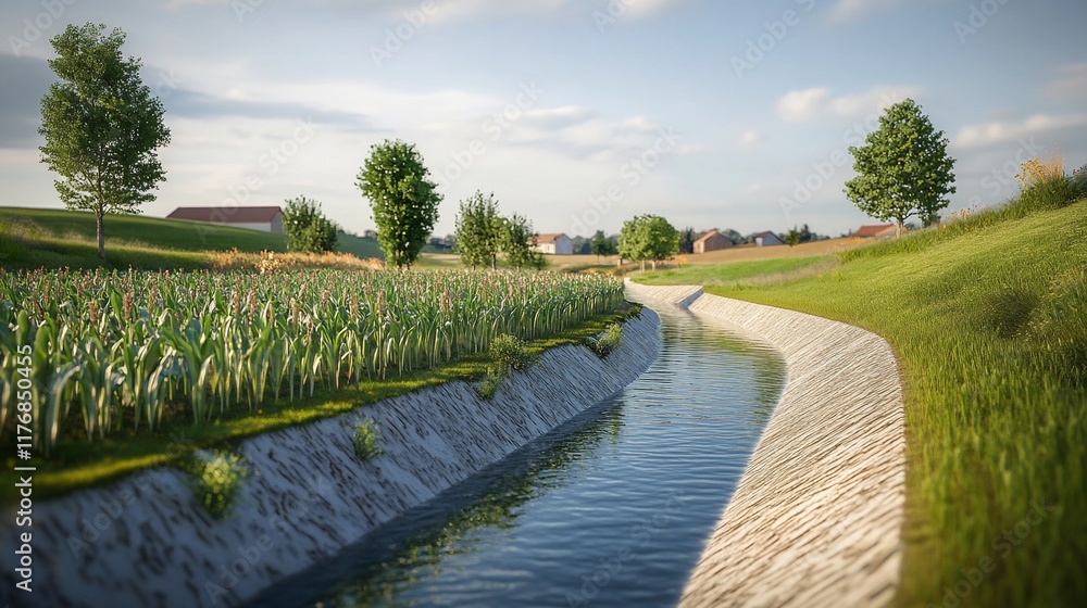 Irrigation canal meandering through rural farmland with corn crops and trees under a partly cloudy sky. Irrigation canal meandering through rural farmland with corn crops and trees under a partly cloudy sky.