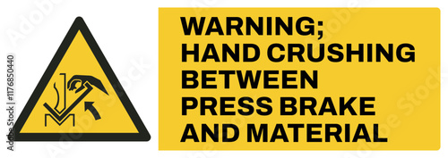 ISO warning safety signs uppercase text_warning ; hand crushing between press brake and material_landscape size 1/2 a4,a3,a2,a1	 
