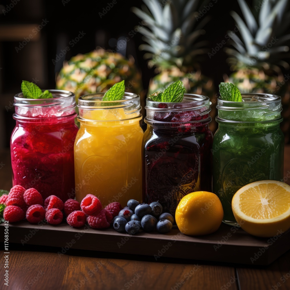 Colorful Fresh Juices and Smoothies on a Wooden Desk Colorful Fresh Juices and Smoothies on a Wooden Desk