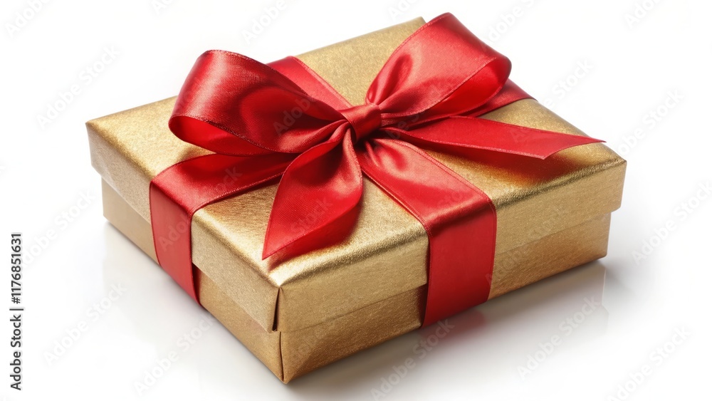 Festive Red Ribbon Bow on Golden Gift Box with Subtle Shadows Festive Red Ribbon Bow on Golden Gift Box with Subtle Shadows