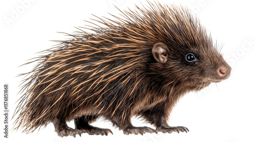 North American Porcupine Portrait: A detailed close-up reveals the intricate details of a young North American porcupine, its quills standing erect, showcasing its unique defensive mechanism. photo