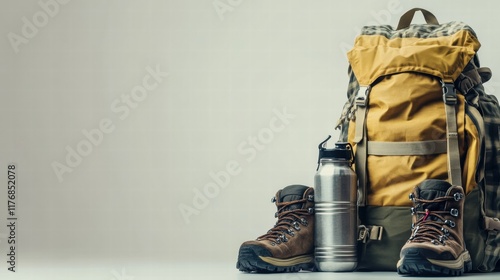 Gear setup for outdoor adventure including backpack, water container, and hiking boots ready for exploration. Generative AI photo