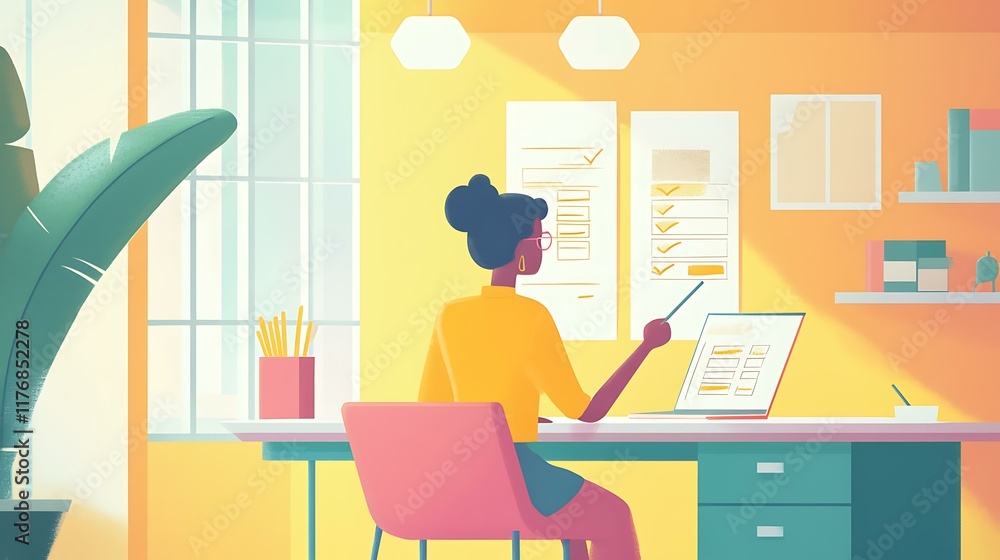 A person crossing off items on a life goals checklist while sitting at a study desk in a bright, modern room A person crossing off items on a life goals checklist while sitting at a study desk in a bright, modern room