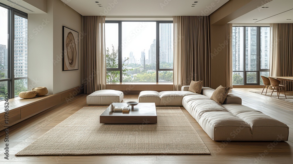 Fototapeta premium Modern minimalist living room with panoramic city views and earthy tones