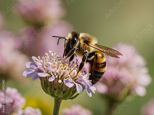 a bee perched on a flower with a blurred background
