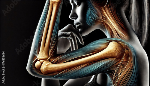 Artistic composition of a human elbow, abstract lighting creating dramatic shadows and highlights on the bone structure and skin folds. photo