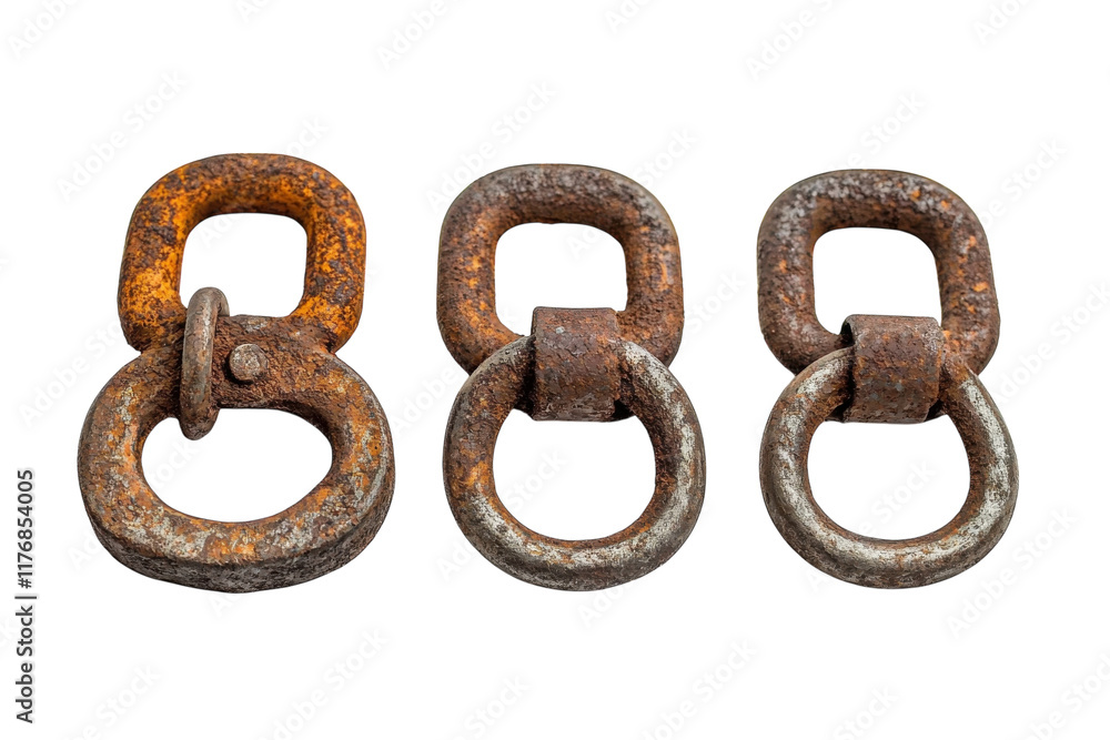 Rusty metal links arranged in a row showcasing different sizes and shapes in natural light Rusty metal links arranged in a row showcasing different sizes and shapes in natural light