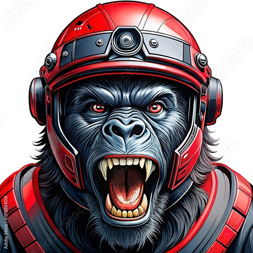 head of roaring angry gorilla, wearing red helmet, isolated white photo