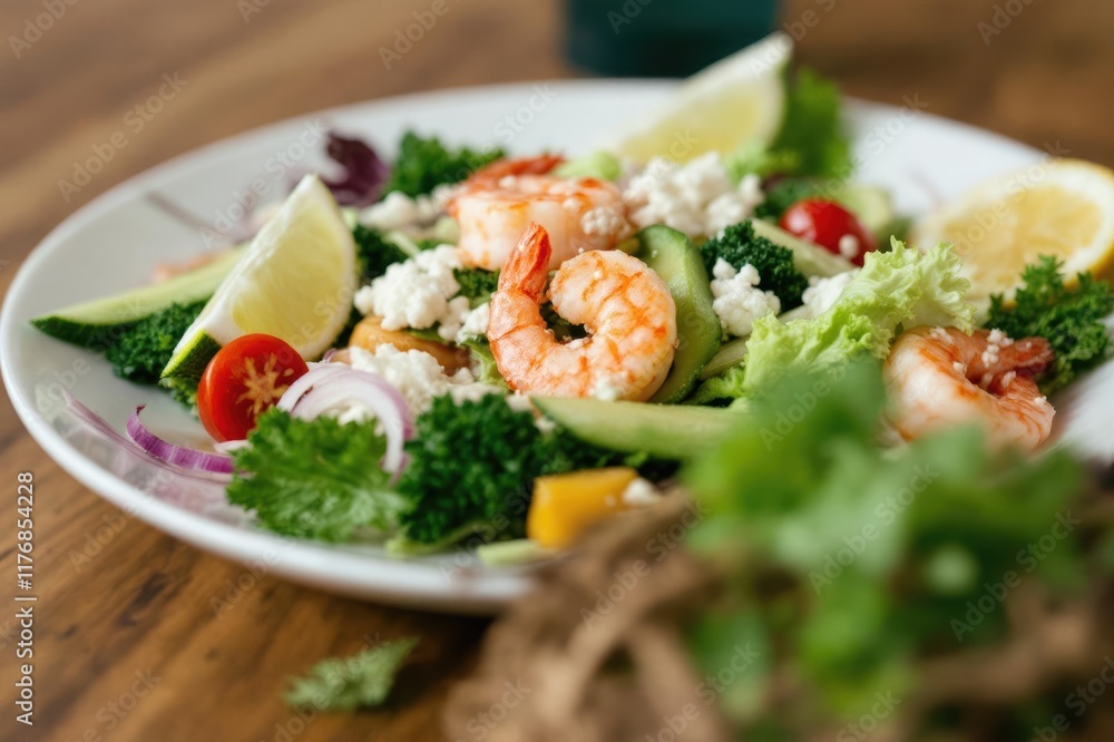 Close up of salad with shrimp served on a wooden table Close up of salad with shrimp served on a wooden table