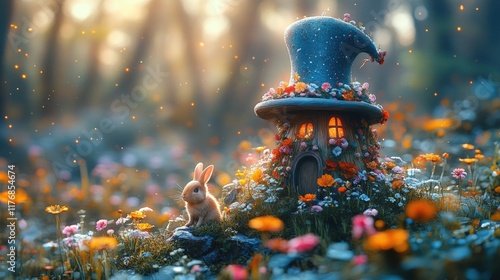 Flower garden, whimsical mushroom house, bunny.