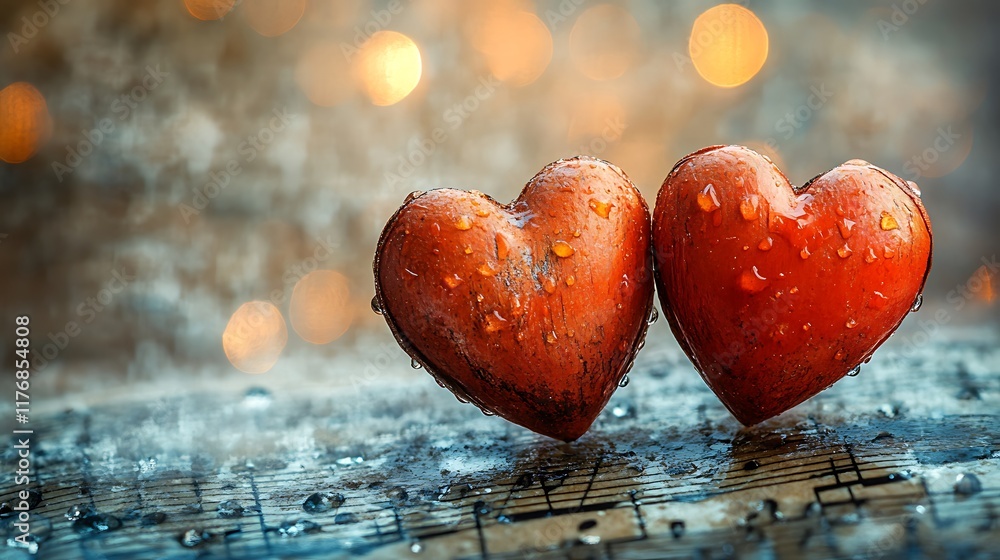 Fototapeta premium Happy Valentines Day Two Hearts Resting on a Table