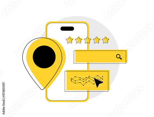 Local SEO strategies for small businesses, with map pins, star ratings and local customer reviews. Optimized for enhancing visibility, improving local search rankings and attracting nearby customers
