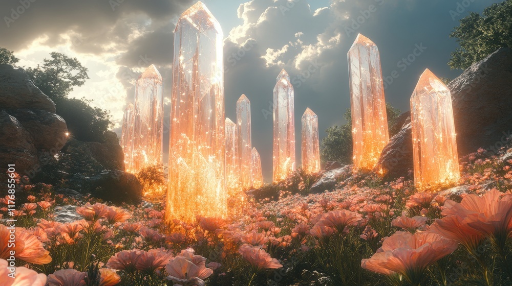 Glowing crystals amidst a field of peach blossoms. Glowing crystals amidst a field of peach blossoms.