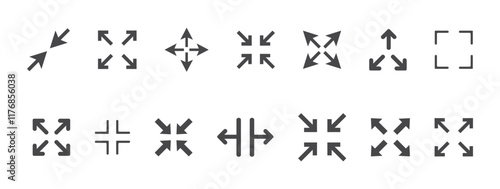 Full screen icon interface menu cursor bitton, application size control pointer. Web ui line navigation maximize or minimaze icon. App arrow. Enter or exit
