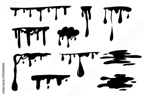 Paint drip splatter, liquid stain fluid ink droplet. Graffiti splash black melt. Paint flows, melt spray border. 