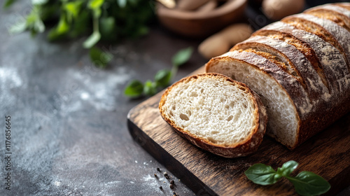 Freshly baked artisanal bread displayed on a wooden cutting board with herbs