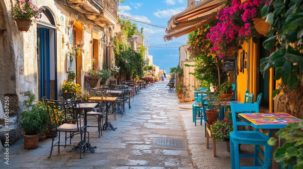 Fototapeta premium Sunny cobblestone street with colorful cafes and flowers.