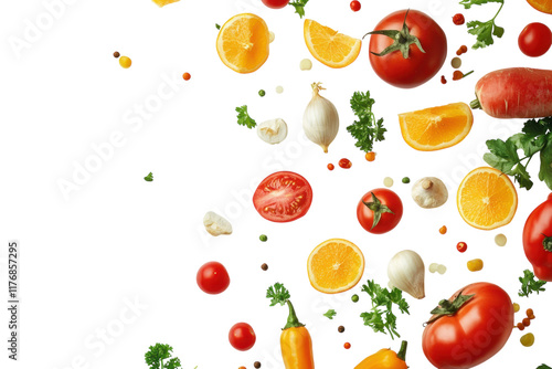 Fresh fruits and vegetables scattered on a bright background creating a vibrant and healthy display for cooking